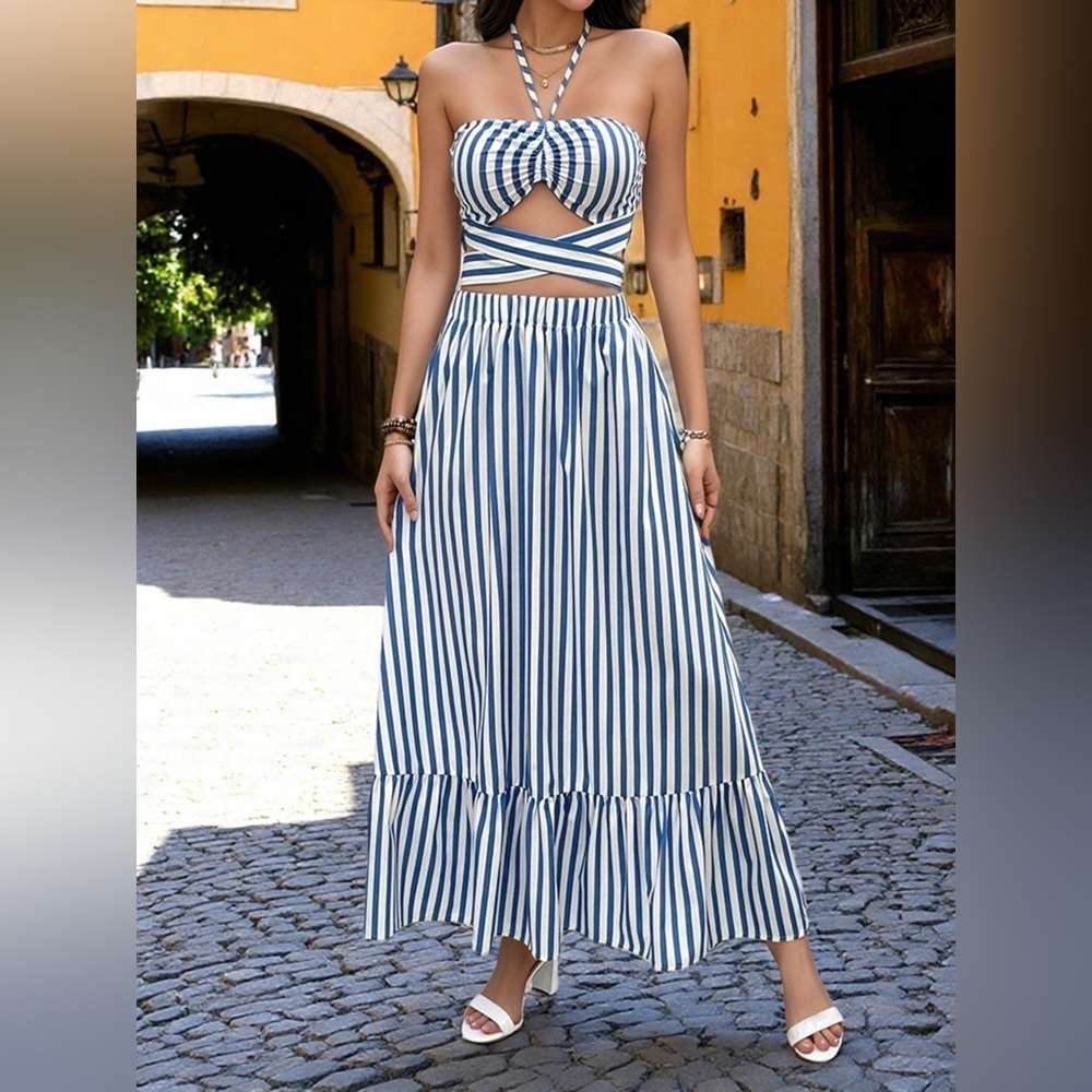 Striped Halter Neck Cami and Skirt Set